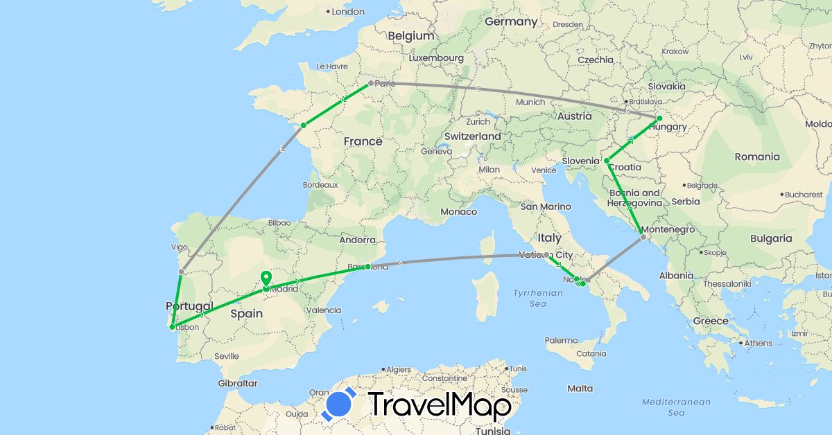 TravelMap itinerary: driving, bus, plane in Spain, France, Croatia, Hungary, Italy, Portugal (Europe)